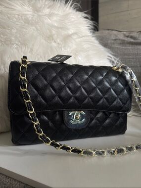 Classic Black Quilted Crossbody with Gold Chain — Designer Inspired
